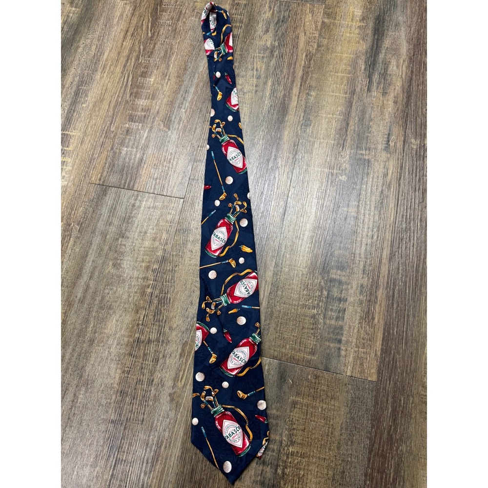 Tabasco Mens Silk Tie Navy Blue Golf Bag Hot Sauce Bottle Novelty Made in USA